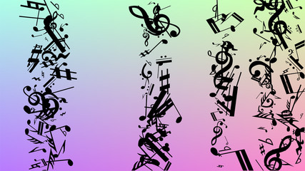 Disco Background. Black Musical Notes Symbol Falling on Hologram Background. Many Random Falling Notes, Bass and, Treble Clef. Disco Vector Template with Musical Symbols.