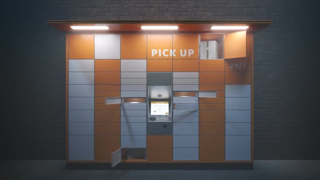 Loopable timelapse animation of the parcel locker. Doors open and close rapidly.