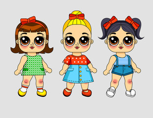 Color vector illustration three girls in different clothes. Design games for girls. Character baby with big eyes. Set of dolls for cutting in fashionable clothes.