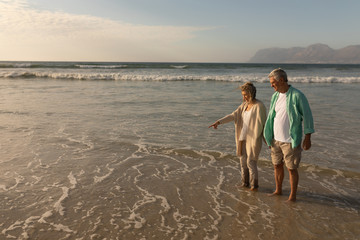 Senior woman with senior man pointing on the beach