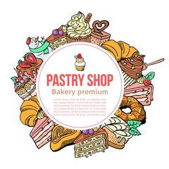 Pastry shop sketch vector template for desserts, cakes and baking goods. Vector patisserie poster design of cupcake or chocolate muffin and donut, tiramisu and brownie pastry.