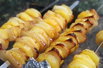 Picnic in the nature, potatoes with fat on the fire, cooking on fire, barbecue, tasty dinner