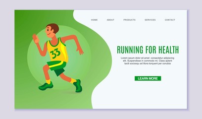 Running young man vector illustration. Online fitness exercise, webpage decorated by man in run for health. Runner in green and yellow sport cloths on green background web page.