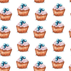 Watercolor illustration of seamless pattern cupcake with blueberry on white background