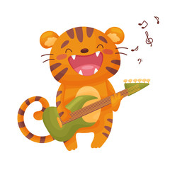 Cute tig with an electric guitar. Vector illustration on white background.