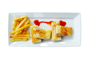 ham cheese sandwich with french fried and tomato sauce on white plate included clipping path