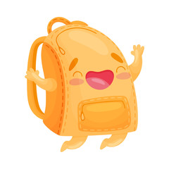 Cute humanized orange joyful schoolbag. Vector illustration on white background.