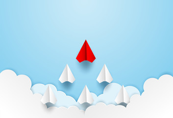Business leadership ,financial concept. Red paper plane leadership to sky go to success goal. paper art style. creative idea. vector ,illustration.