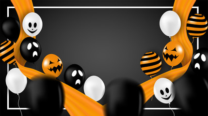 Happy Halloween . Design with balloons and orange fabric on black background . vector.