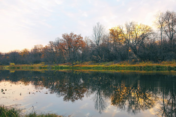 River or lake in early autumn in the forest. Autumn landscape