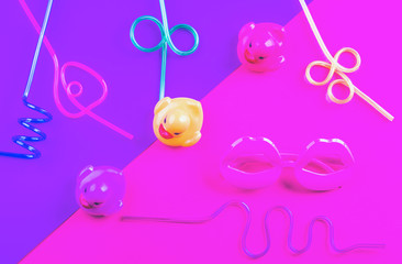 Colorful funky summer flat lay with funny items - straws, rubber ducks, lip shape glasses. Pink and purple duotone background. Vaporwave design