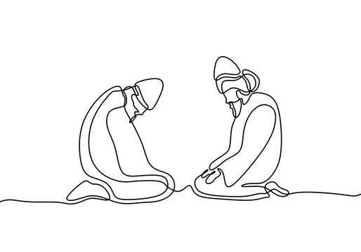 Sufi continuous line drawing minimalist design. Islamic ritual with two person learning to healing his heart and wisdom.
