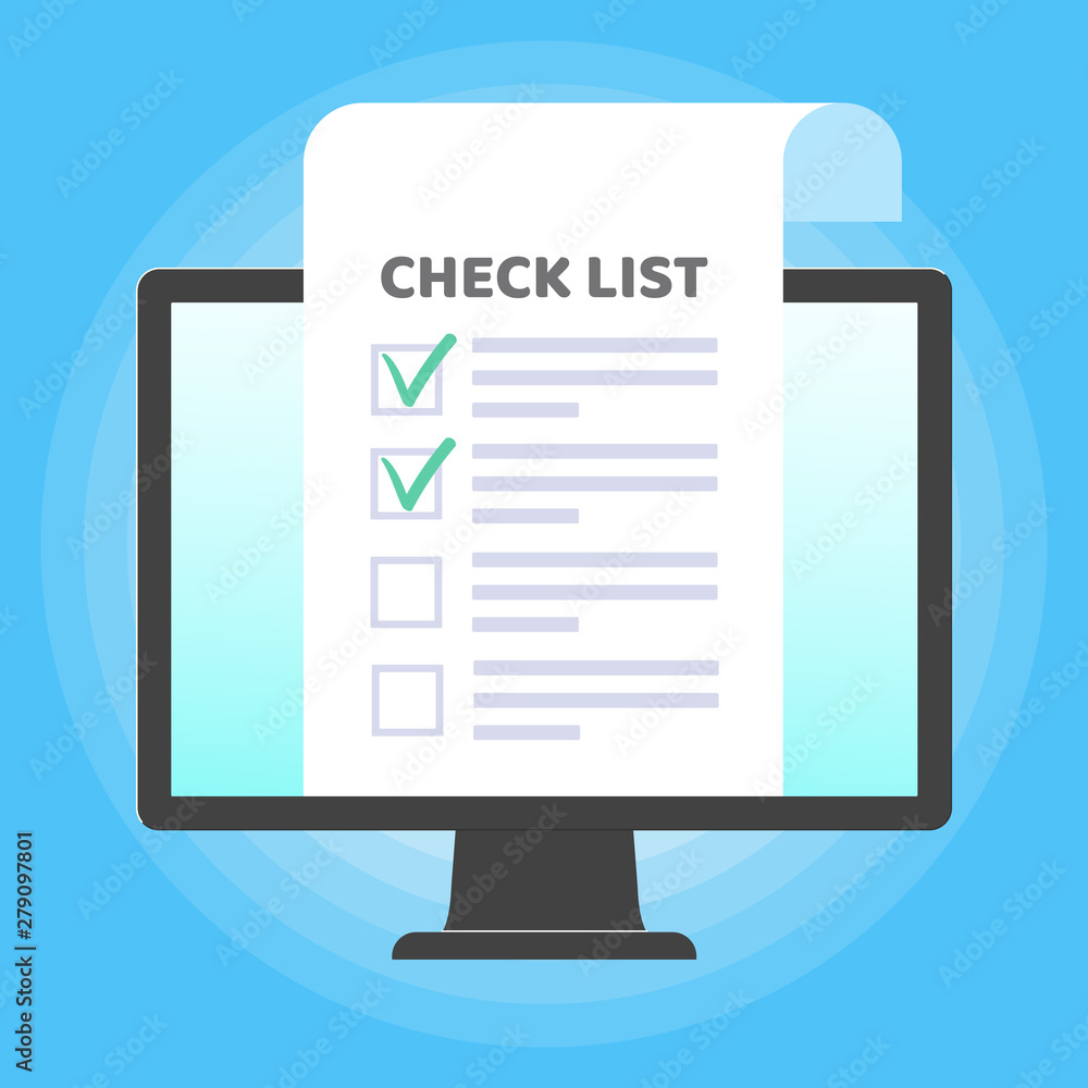 Poster monitor or all in one pc flat design with paper sheet with check marks tick popped above the screen 