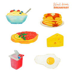 Breakfast colorful set. Ready wholesome varied food isolated on white. Hand-drawn bright yogurt, caviar sandwich, cereal with berries, pancakes, cheese, fried eggs.