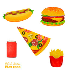Fast food colorful set. Ready meal isolated on white. Hamburger, sandwich, slice of pizza, french fries, drink.