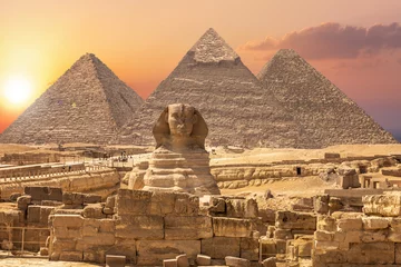 Papier Peint photo Melon Le Sphinx et les Pyramides, célèbre merveille du monde, Gizeh, Egypte