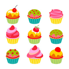 Vector set of cute cartoon cupcakes or muffins.
