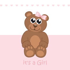 Fototapeta premium its a girl welcome greeting card for childbirth with teddy bear vector illustration EPS10