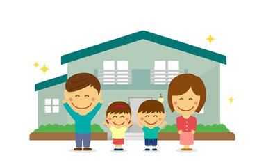 Happy family (asian) and new house. flat vector llustration (newly built house). 