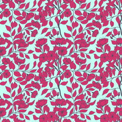 Seamless pattern botanical vector illustration. branches with flowers of apple tree leaves. hand drawing
