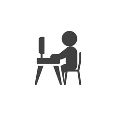 Man working on computer vector icon. filled flat sign for mobile concept and web design. Person sitting at desk using computer glyph icon. Symbol, logo illustration. Vector graphics