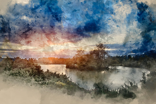 Digital watercolor painting of Beautiful Autumn sunset over lake landscape in forest
