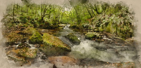 Digital watercolor painting of Stunning landscape iamge of river flowing through lush green forest in Summer