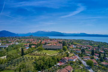 Fototapeta na wymiar Aerial photography with drone. Church Castello di Moniga in Garda lake, Italy.