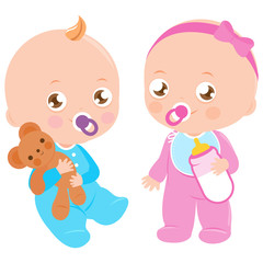 Baby girl and baby boy with milk bottle and a teddy bear toy. Vector illustration 