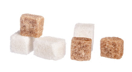 White refined sugar and brown unrefined sugar cubes