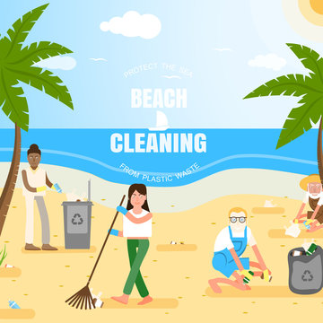 Vector flat illustration of people of different age and race in protective gloves cleaning the beach from plastic waste with palms, trash can, clouds, sun, seagulls, text.