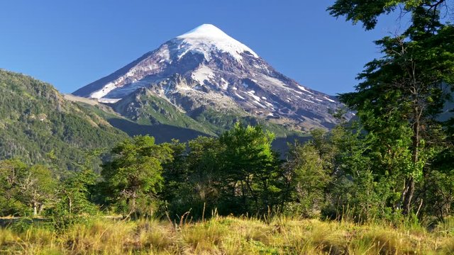 Snowy Lanin volcano surrounded by rich green flora in Lanin National Park, Argentina. Lanin is located in the southern Andes, on the Chilean border. Steadicam shot, UHD