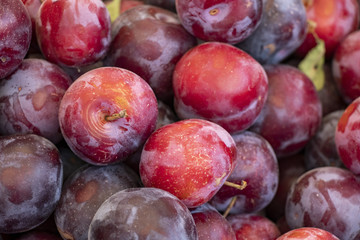 Plum background. Red fresh ripe plums placed in a box on the market. Plum closeup