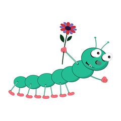 A funny cartoon green caterpillar holds in its hand a multicolored flower and crawls.