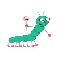 Funny cartoon green caterpillar crawling and holding a lollipop in hand.