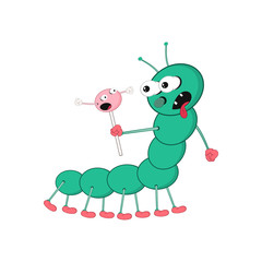 Funny cartoon green caterpillar holds a lollipop in his hand and looks at it with its mouth open.