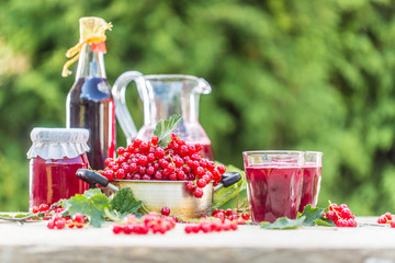 A selection of redcurrant products - marmalade jam syrup must and red vine on table in garden