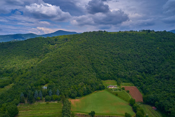 Obraz premium Flying on a drone, aerial view of a convent, Comunita 'Di Vita Mondo X. Brescia, Italy.