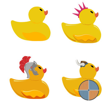 A set of rubber toy ducks in  different styles a viking, roman legionary, punk and a simple duck