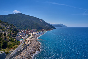 Aerial photography with drone. Beautiful resort town of Deiva Marina, Italy.