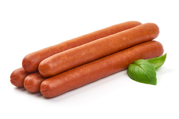 Smoked Hunting Sausages, grill sausages, close-up, isolated on white background