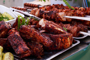 Fried meat pieces close up
