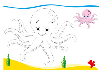 Drawing Printable Worksheets, for preschool kids. Connect the dots on the figures then color. Illustration with little octopus.