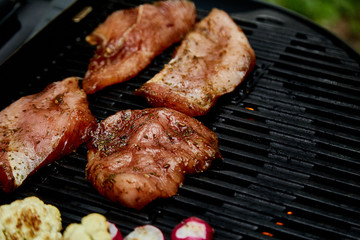 Grilled turkey meat. Steak turkey grill on on huge gas grill . Picnic. Summer. Top view. Flat lay. Copy space.