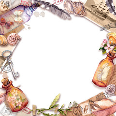 Vintage card, retro design. Old paper, feathers, sea shells, glass bottles, flowers, letters, watercolor feathers, keys. Travel frame with empty space for your text