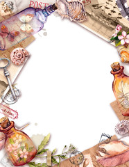 Vintage card, retro design. Old paper, feathers, sea shells, glass bottles, flowers, letters, watercolor feathers, keys. Travel frame with empty space for your text
