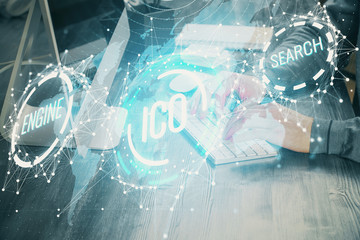 Blockchain theme hud with businessman working on computer on background. Concept of crypto chain. Multi exposure.