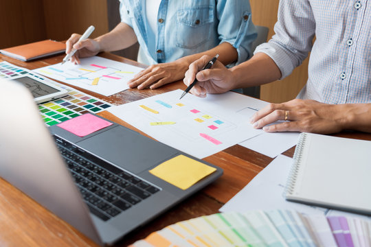 Creative UI designer teamwork meeting planning designing wireframe layout  application development mockup on smartphone screen for web mobile phone technology.