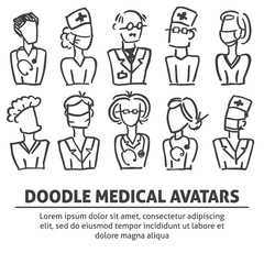 A set of vector doodle medical avatar team: therapist, doctor, surgeon, nurse for a hospital. A vector template for a flyer, poster design