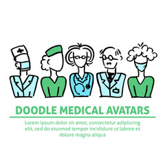 A vector doodle medical avatar team: therapist, doctor, surgeon, nurse for a hospital. A vector template for a flyer, poster design